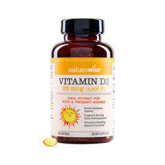 NatureWise Vitamin D3 1000IU softgel bottle with olive oil for better absorption.