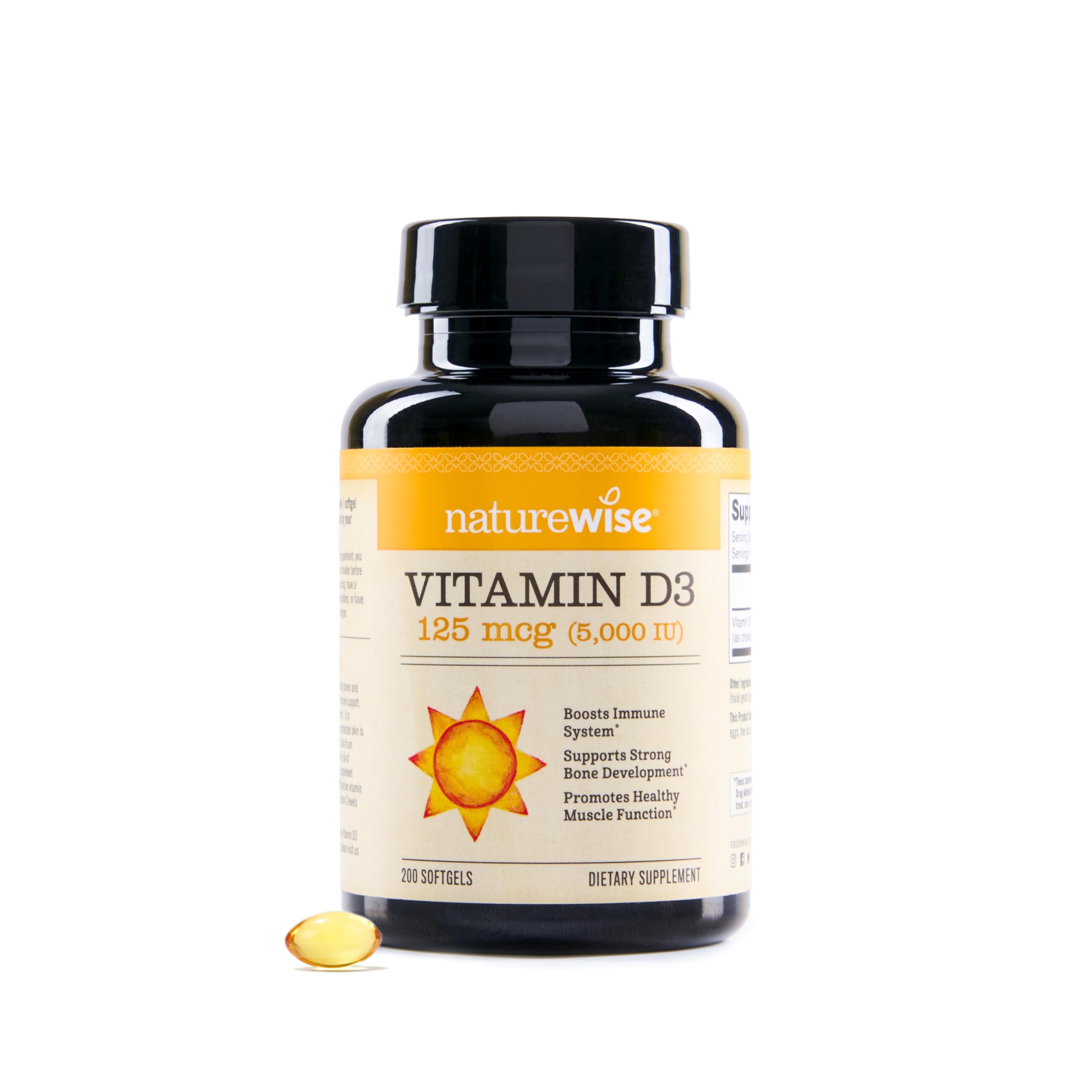 NatureWise Vitamin D3 5000iu bottle-front indicates immune and bone support with olive oil absorption.