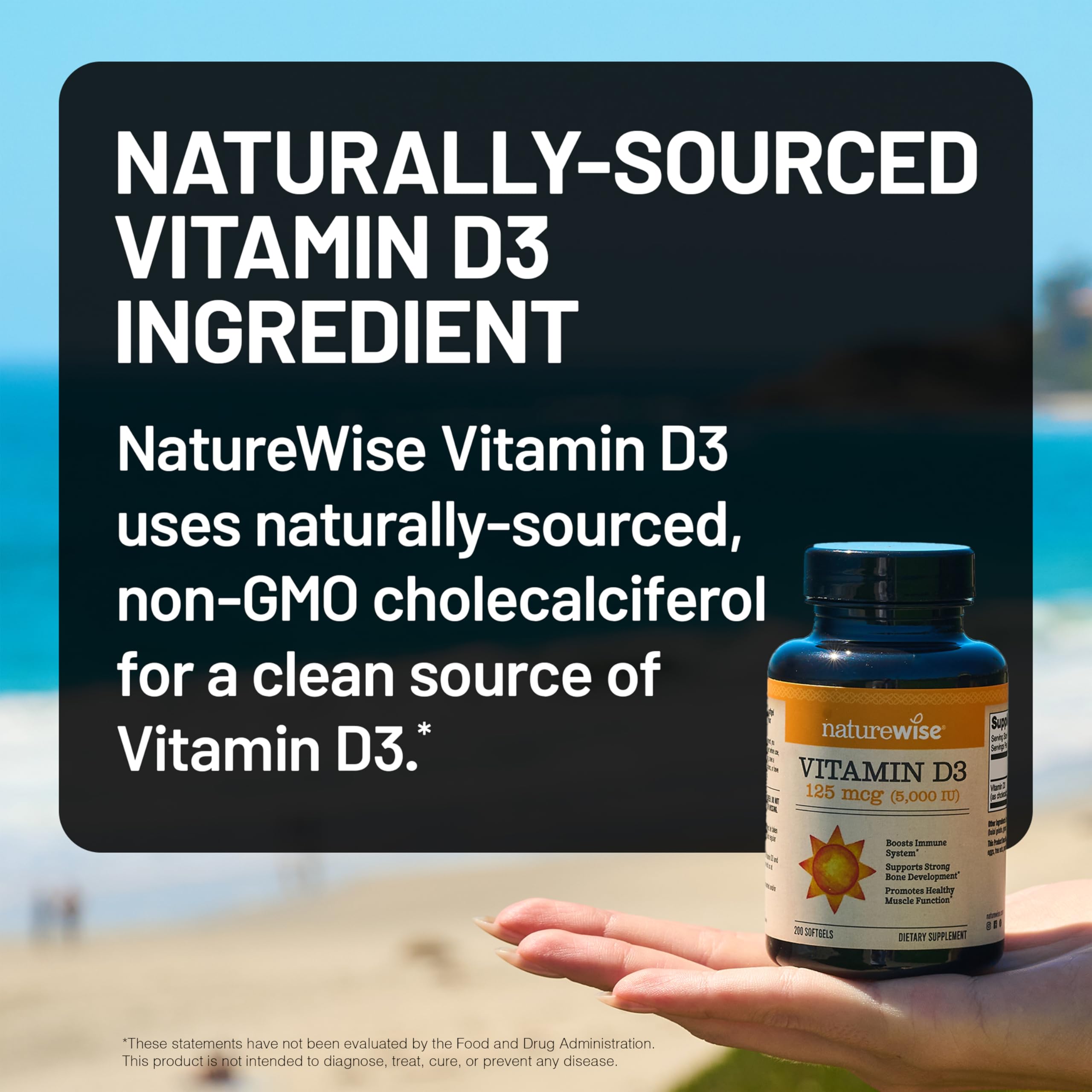 NatureWise Vitamin D3 5000iu bottle label showing non-GMO and gluten-free features.
