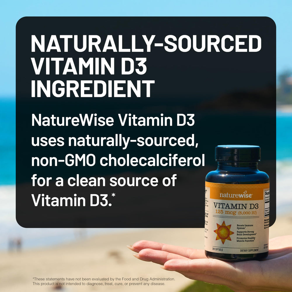 NatureWise Vitamin D3 5000iu bottle label showing non-GMO and gluten-free features.