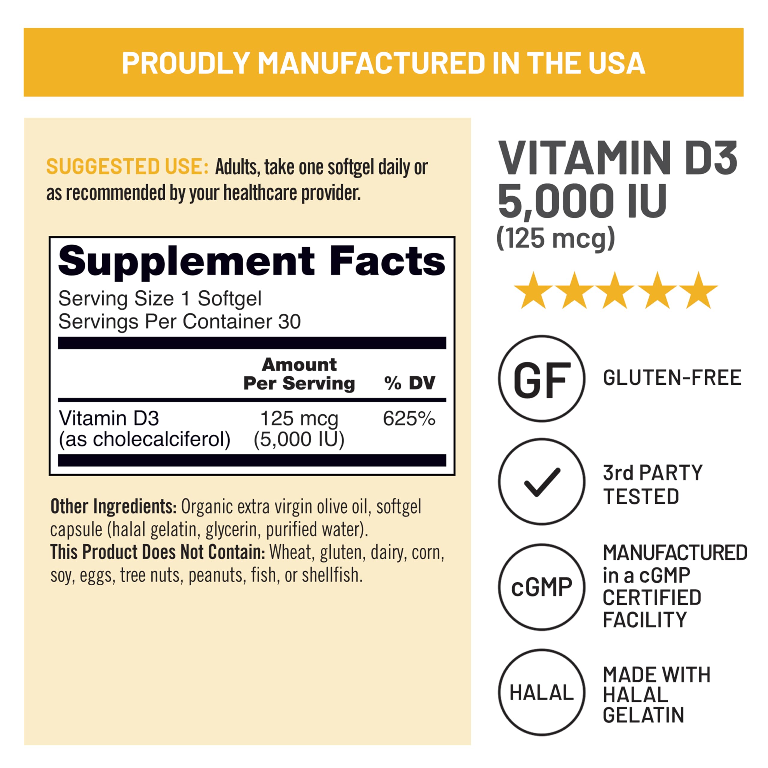 Made in USA facilities ensure purity for NatureWise D3 5000iu.