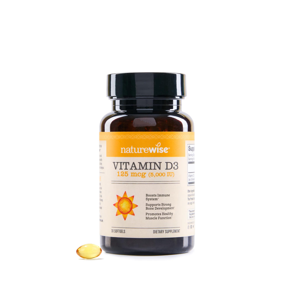 NatureWise Vitamin D3 5000iu softgel bottle for daily immune and bone support.