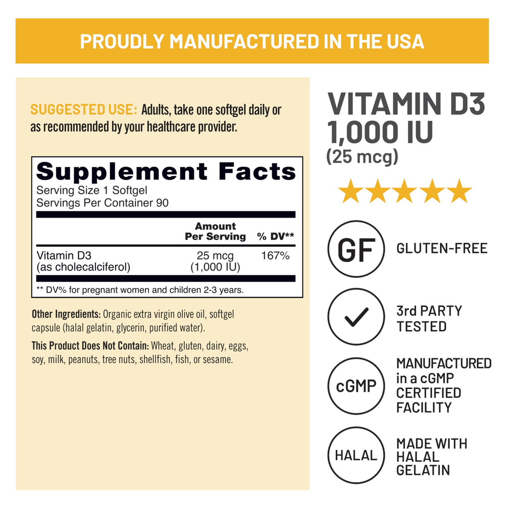 NatureWise Vitamin D3 naturally sourced non-GMO and gluten-free with clear label.