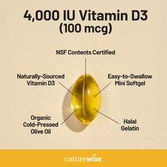 NatureWise Vitamin D3 softgel capsule close-up emphasizing easy swallowing design.