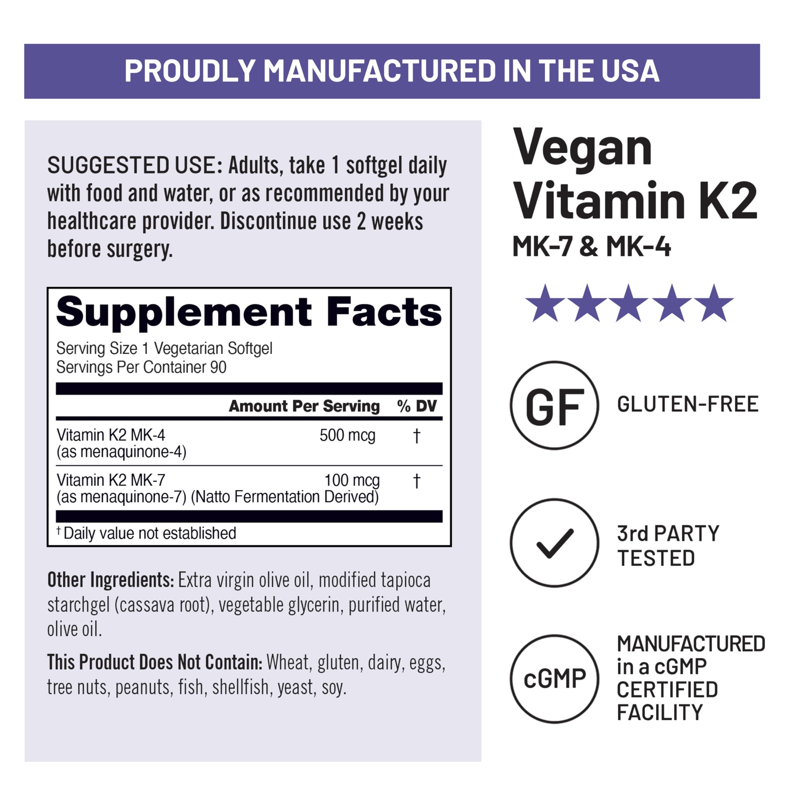 Vegan and gluten-free label on NatureWise K2 packaging.
