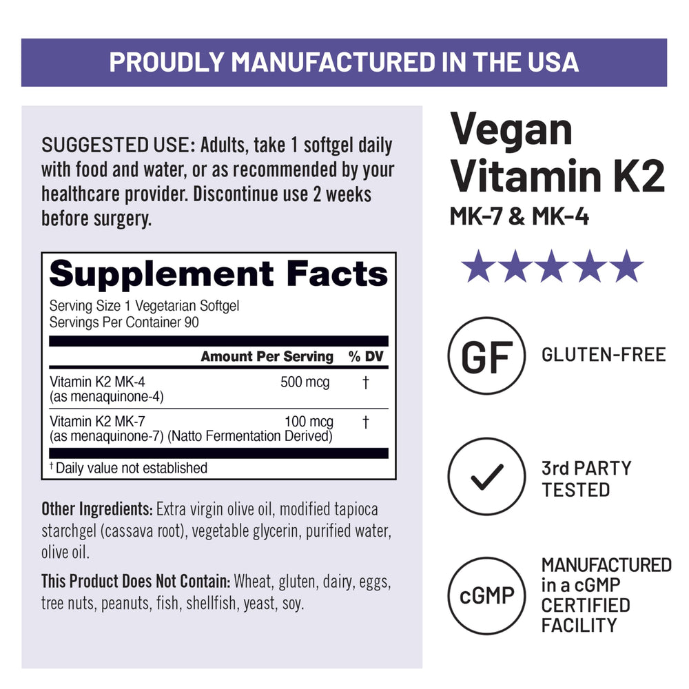 Vegan and gluten-free label on NatureWise K2 packaging.