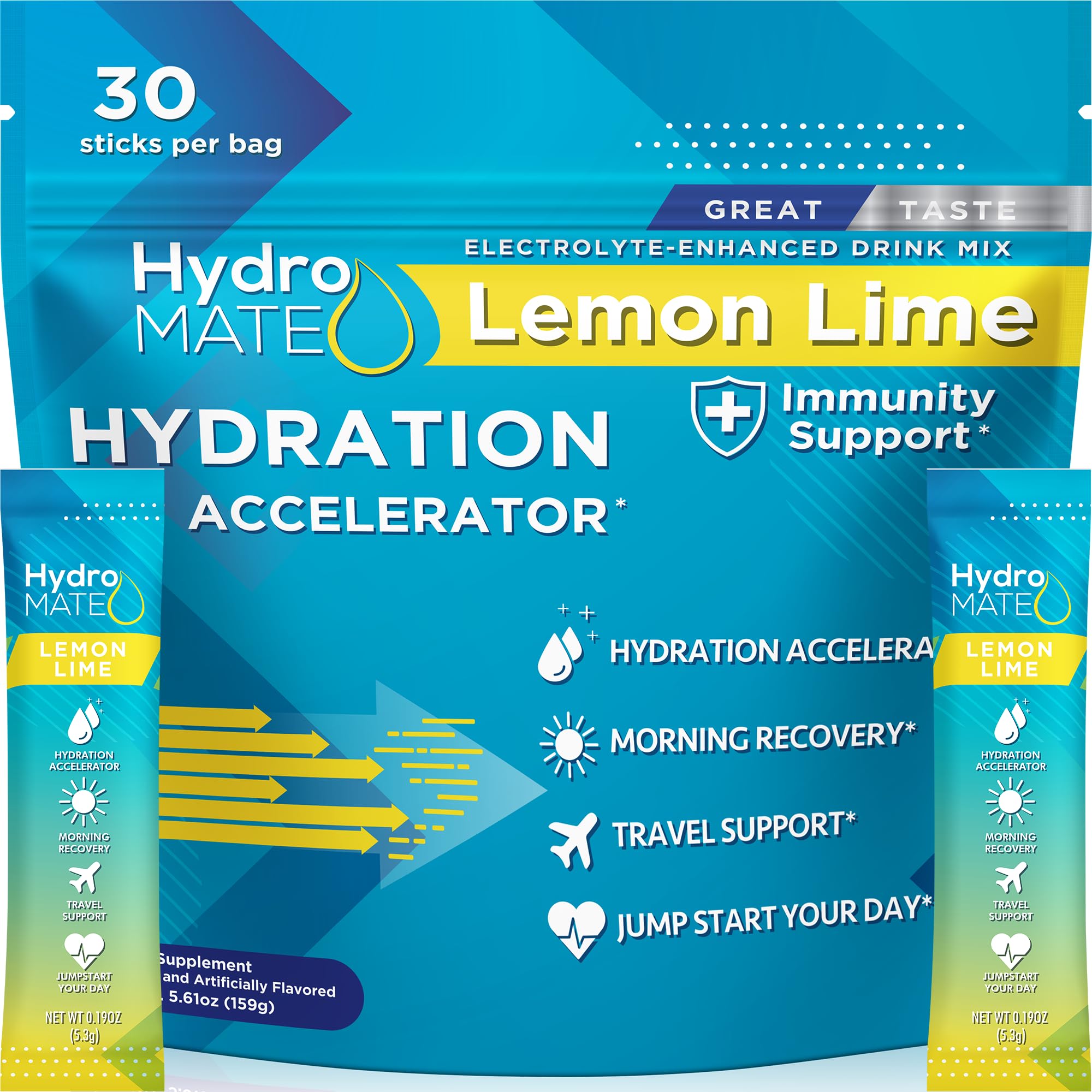NatureWorks HydroMATE lemon lime packets pour for quick hydration on the go.