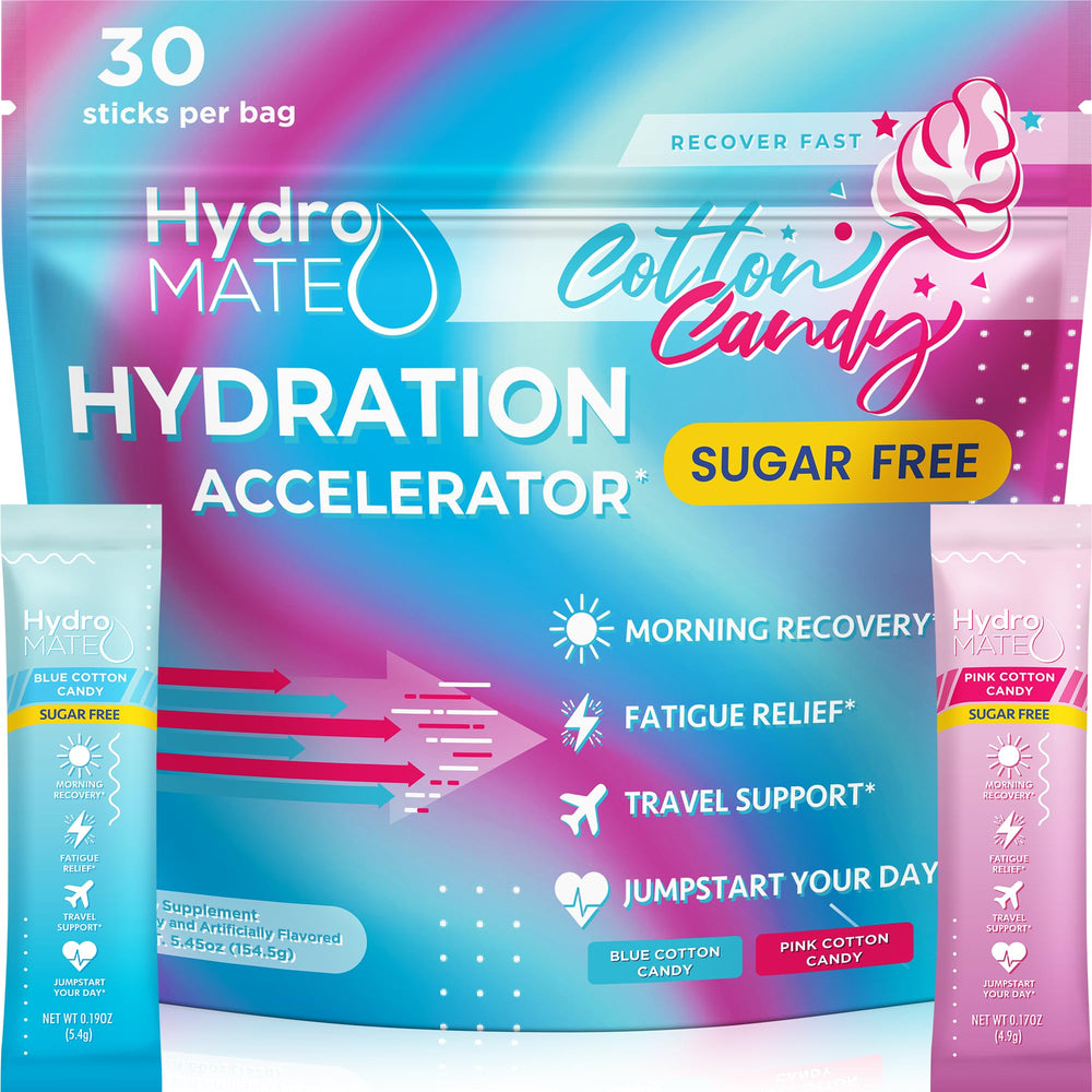 NatureWorks HydroMATE packets closeup for on-the-go hydration and balanced electrolytes.