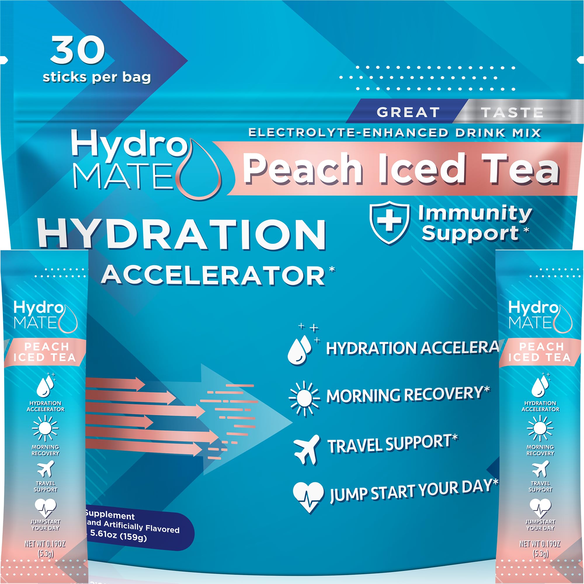 NatureWorks HydroMATE peach tea packet pour, quick hydration on the go.