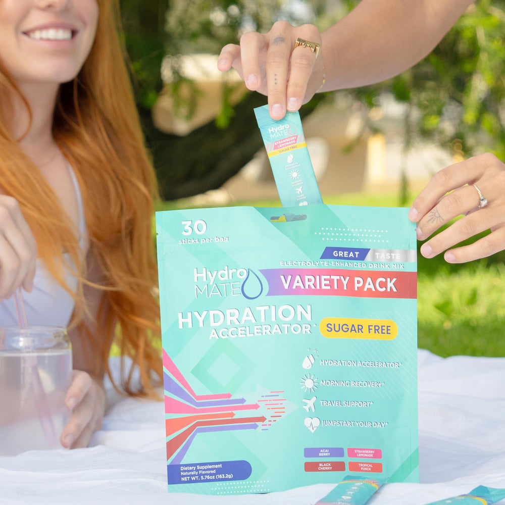 Travel-ready HydroMATE packets tucked into a bag for gym or travel.