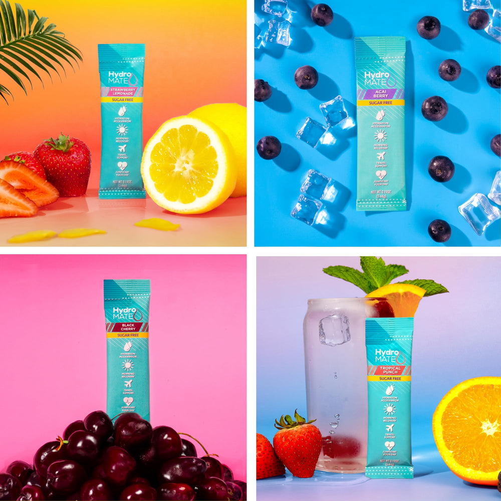 NatureWorks HydroMATE variety pack hydration sticks show multiple flavors.