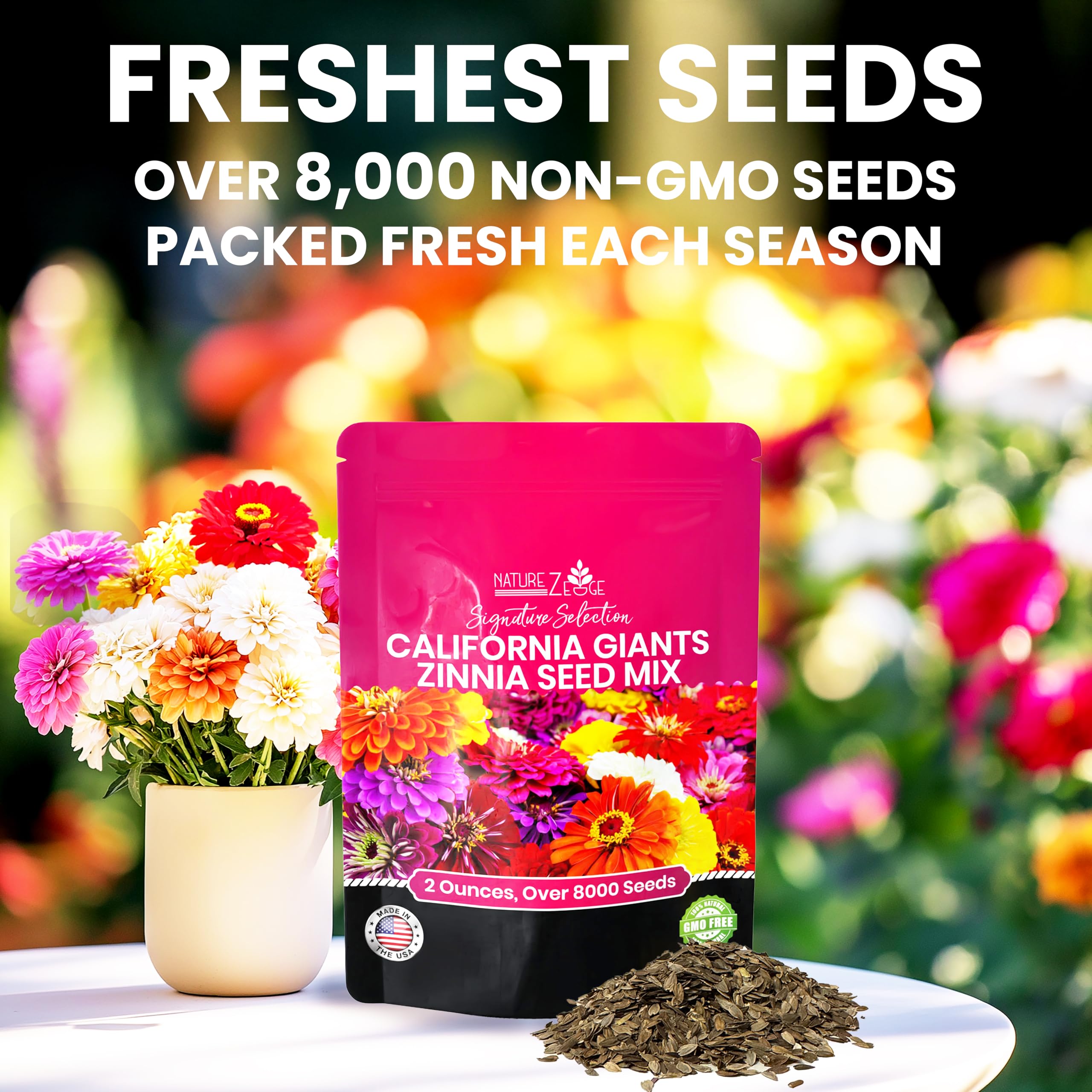 NatureZ Edge Zinnia Seeds lab-tested high germination for vibrant blossoms.