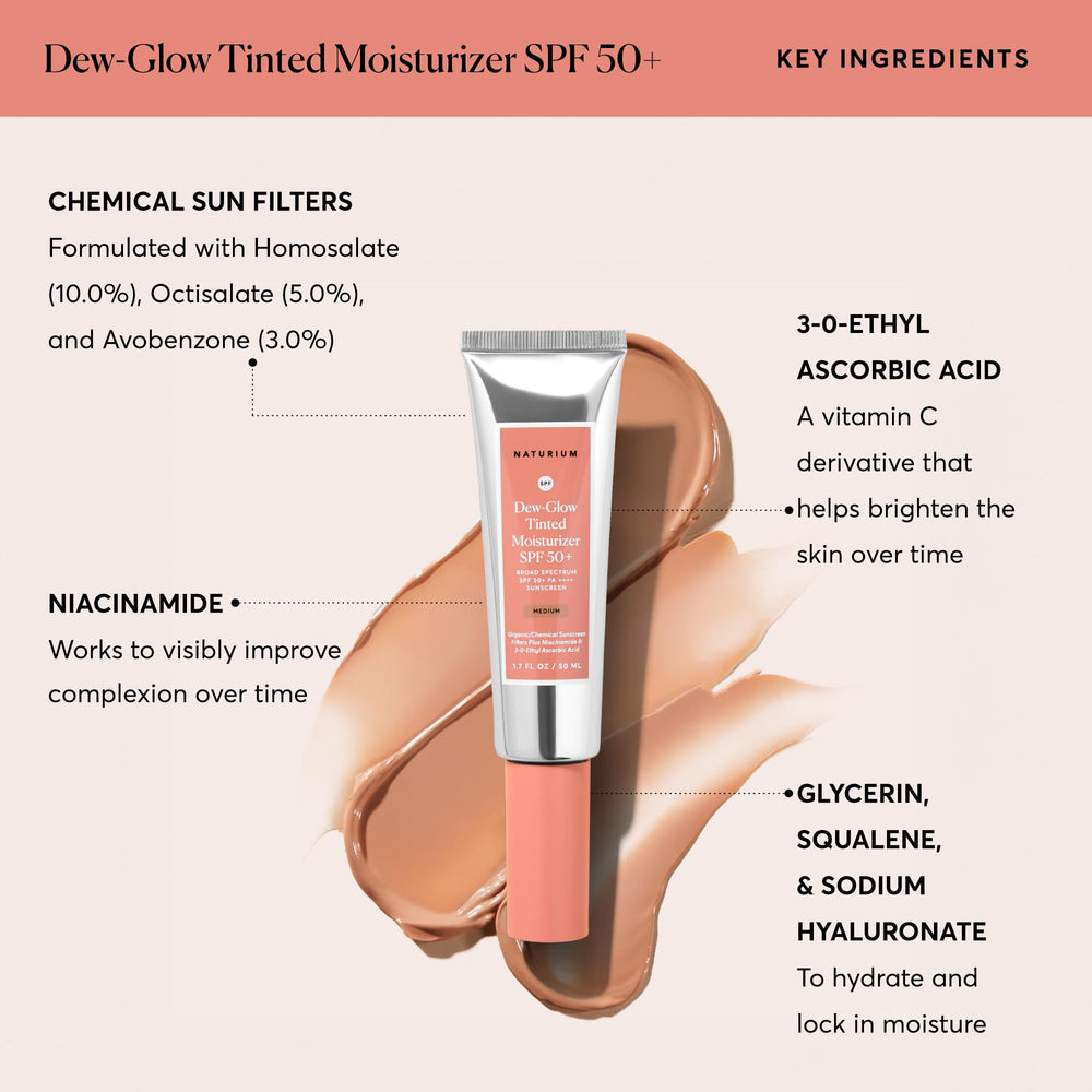 Naturium Dew-Glow Tinted Moisturizer SPF 50+ contains ethylated ascorbic acid for brightness