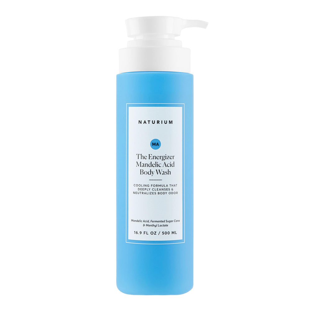 Naturium Energizer Body Wash bottle pouring for a refreshing post-workout cleanse.