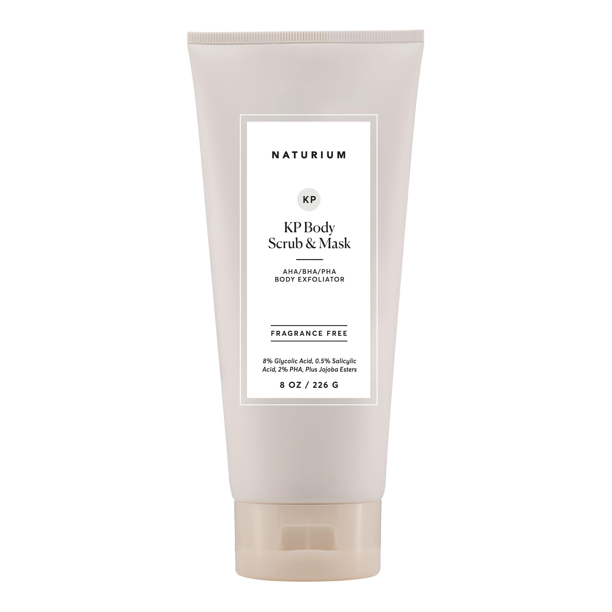 Naturium KP body scrub close-up on rough skin showing exfoliating action for smoother texture