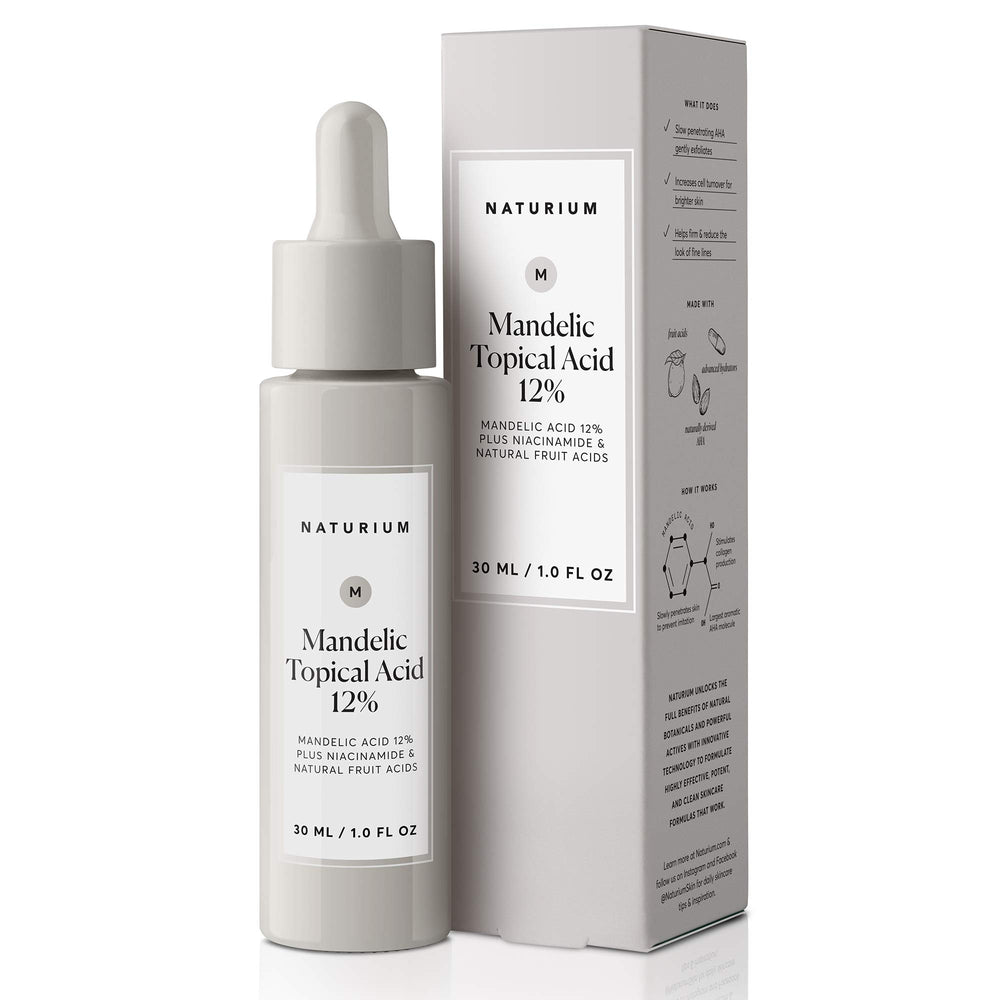 Naturium Mandelic Acid 12% bottle promotes gentle exfoliation for smoother skin.