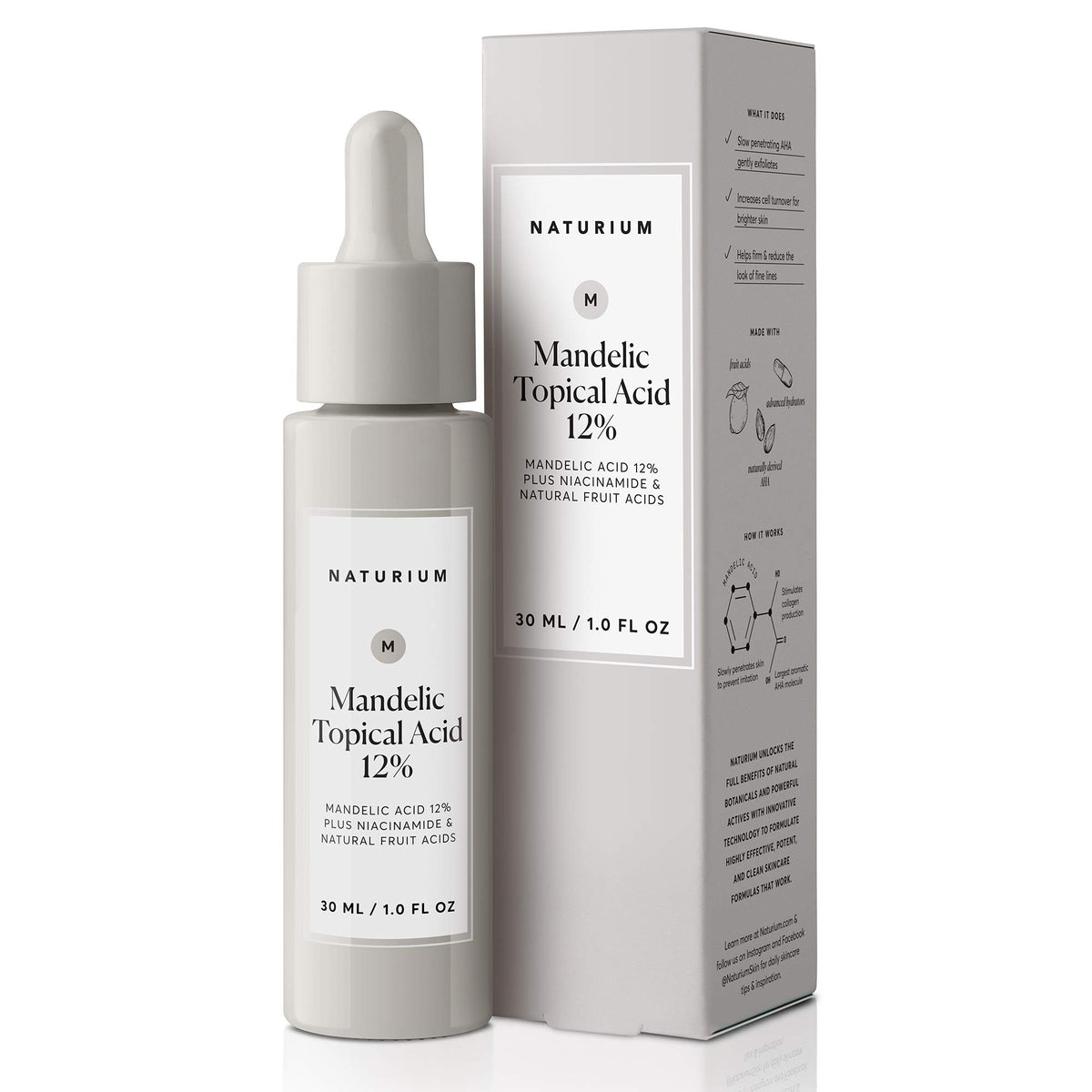 Naturium Mandelic Acid 12% bottle promotes gentle exfoliation for smoother skin.