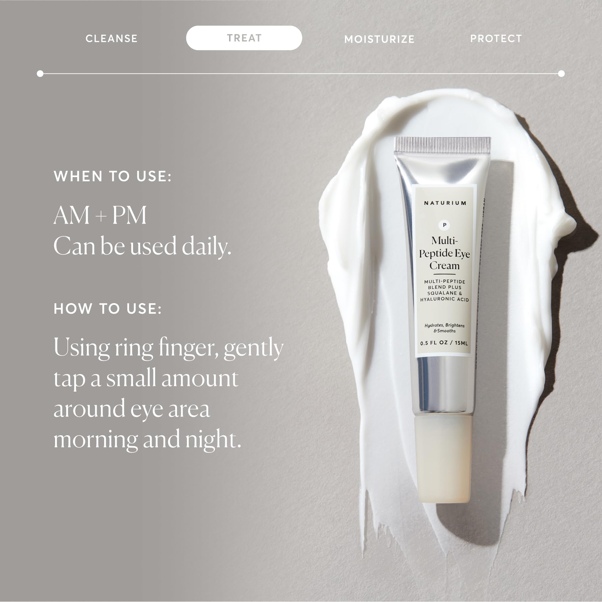 Naturium multi-peptide eye cream application around the eyes.