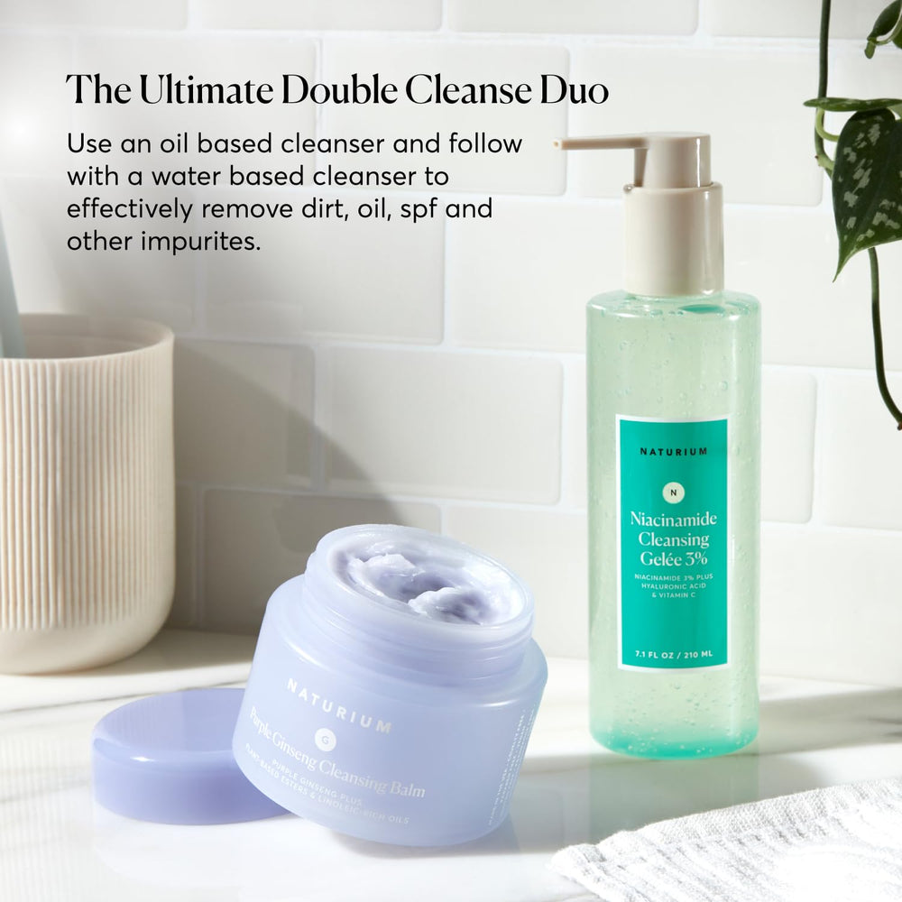 Naturium Purple Ginseng Cleansing Balm packaging highlighting vegan, cruelty-free claims
