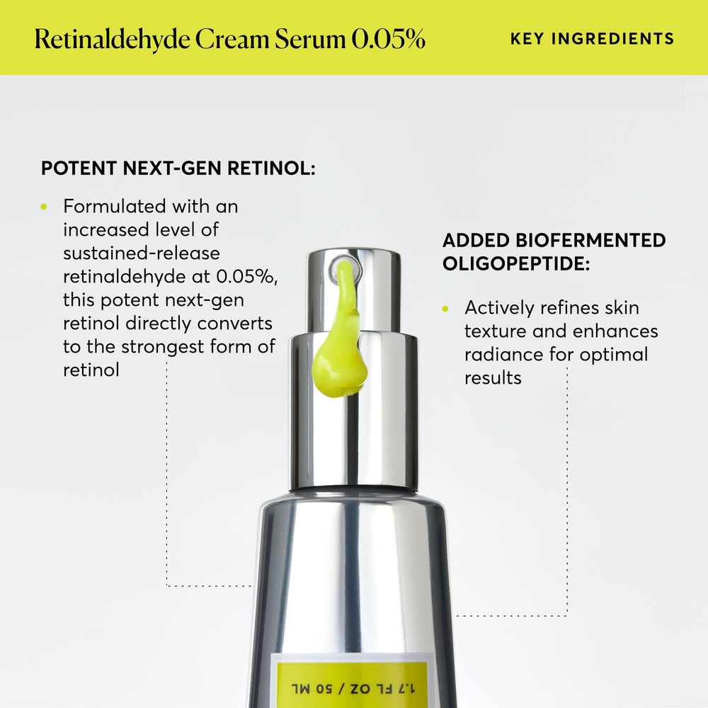 Naturium Retinaldehyde Cream Serum label notes biofermented oligopeptide ingredient.