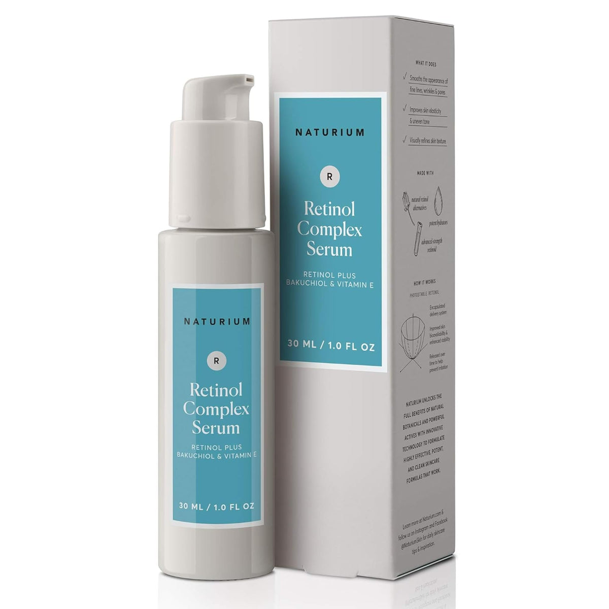 Naturium Retinol Complex Serum bottle shows 1 oz size for smooth skin