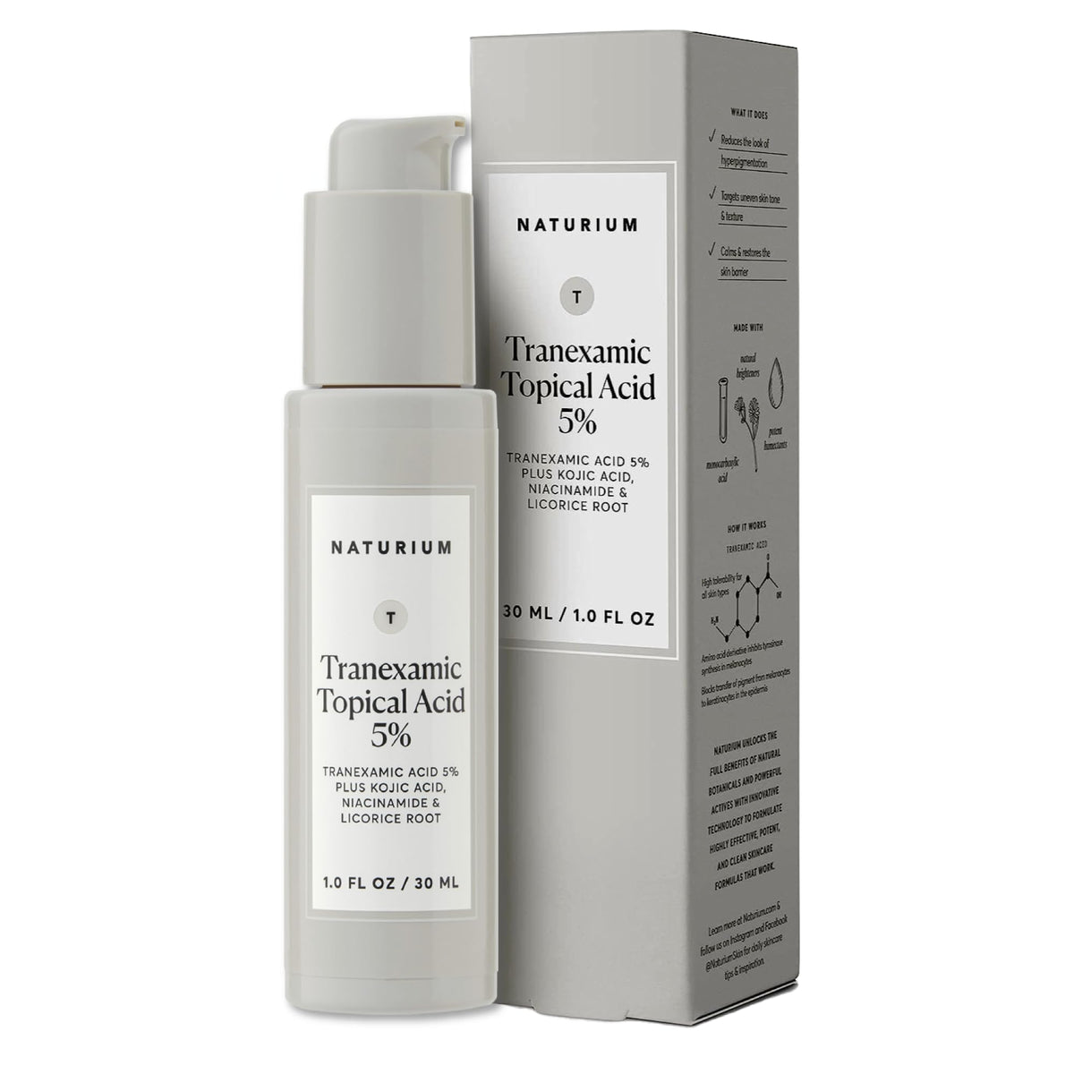 Naturium Tranexamic Topical Acid 5% bottle shows the serum for even tone