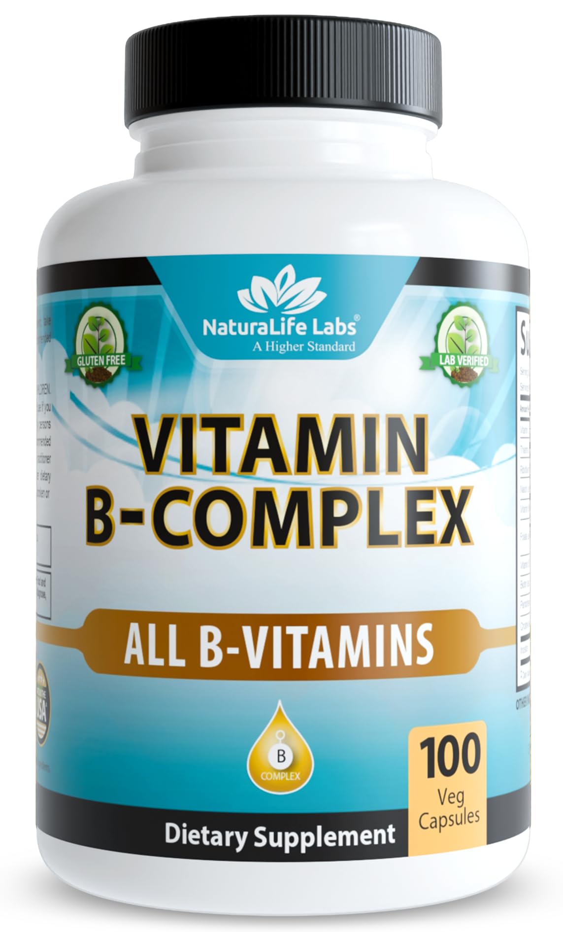 NaturaLife Labs Vitamin B-Complex bottle front signaling complete B vitamin support for daily energy.