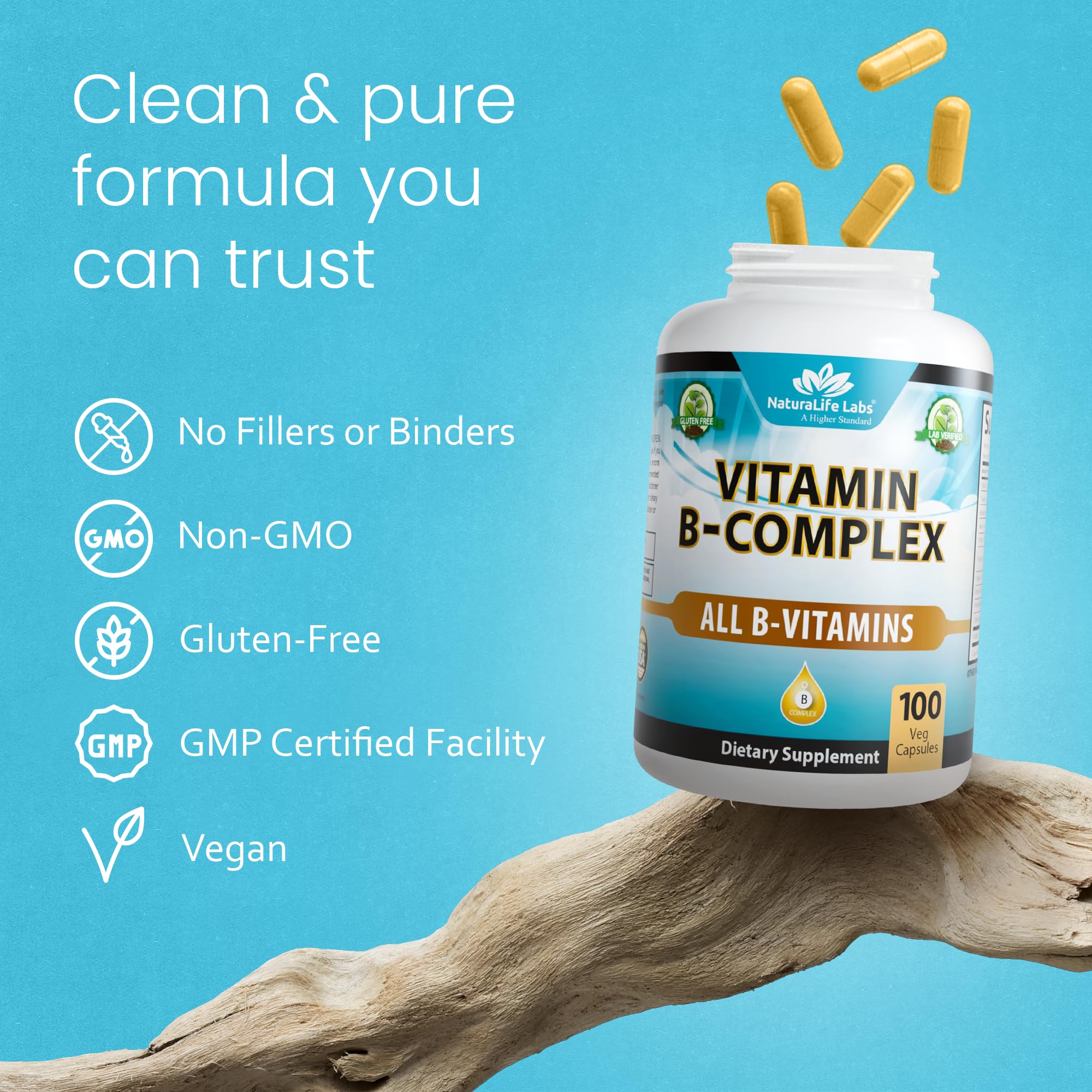 NaturaLife Labs vegan, gluten-free formula communicated on the label.