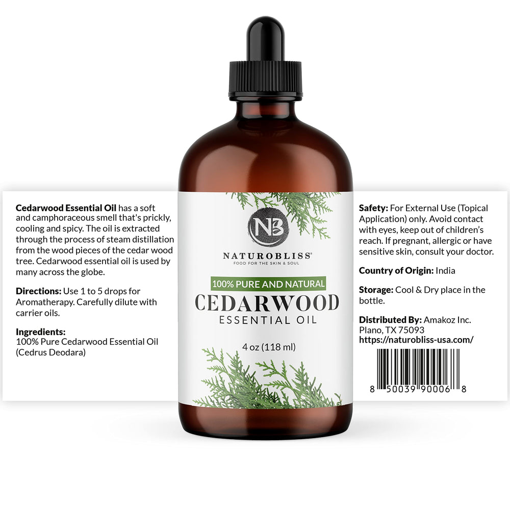Close-up of NaturoBliss Cedarwood label showing quality and authenticity.