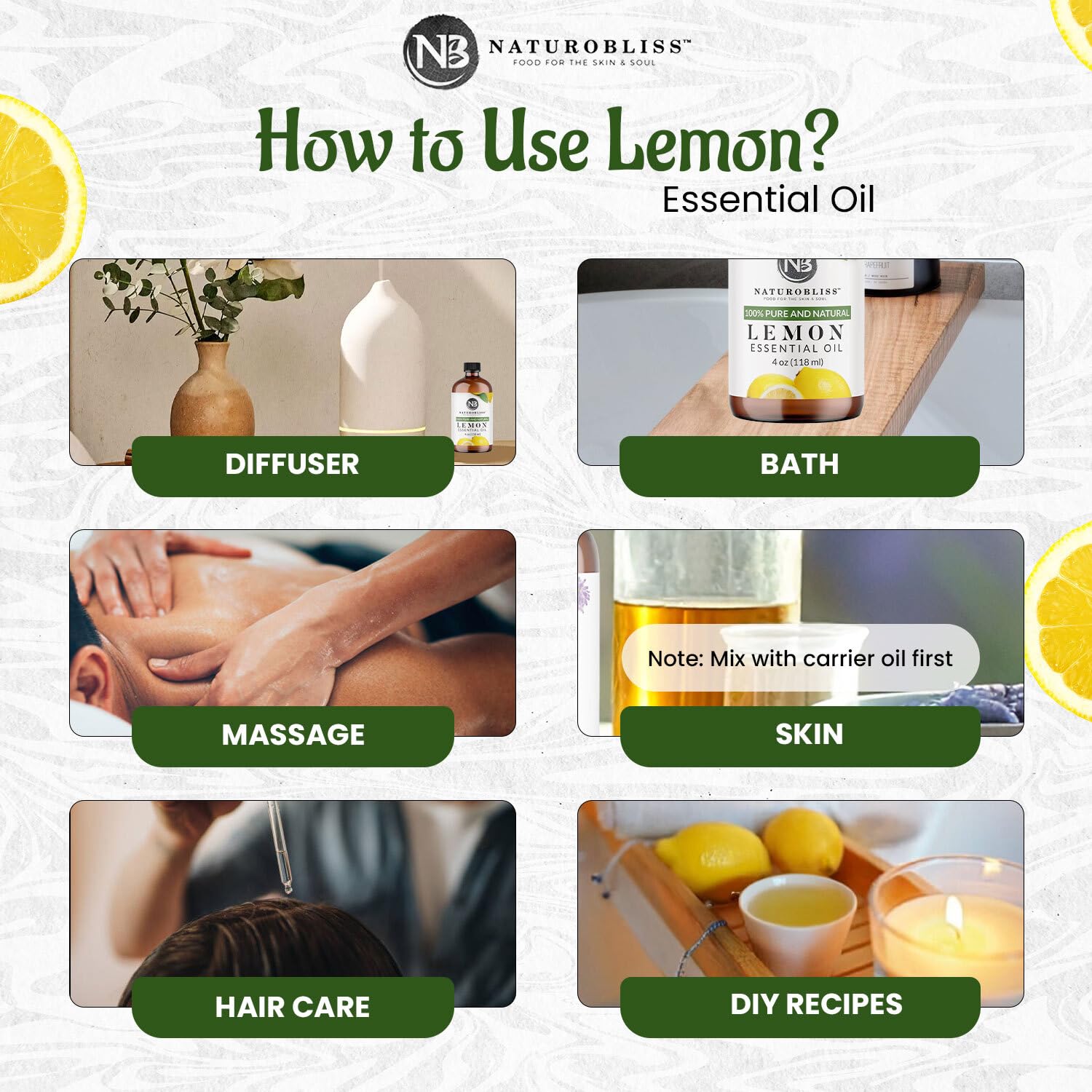 NaturoBliss lemon oil for diffuser use adds bright ambiance.