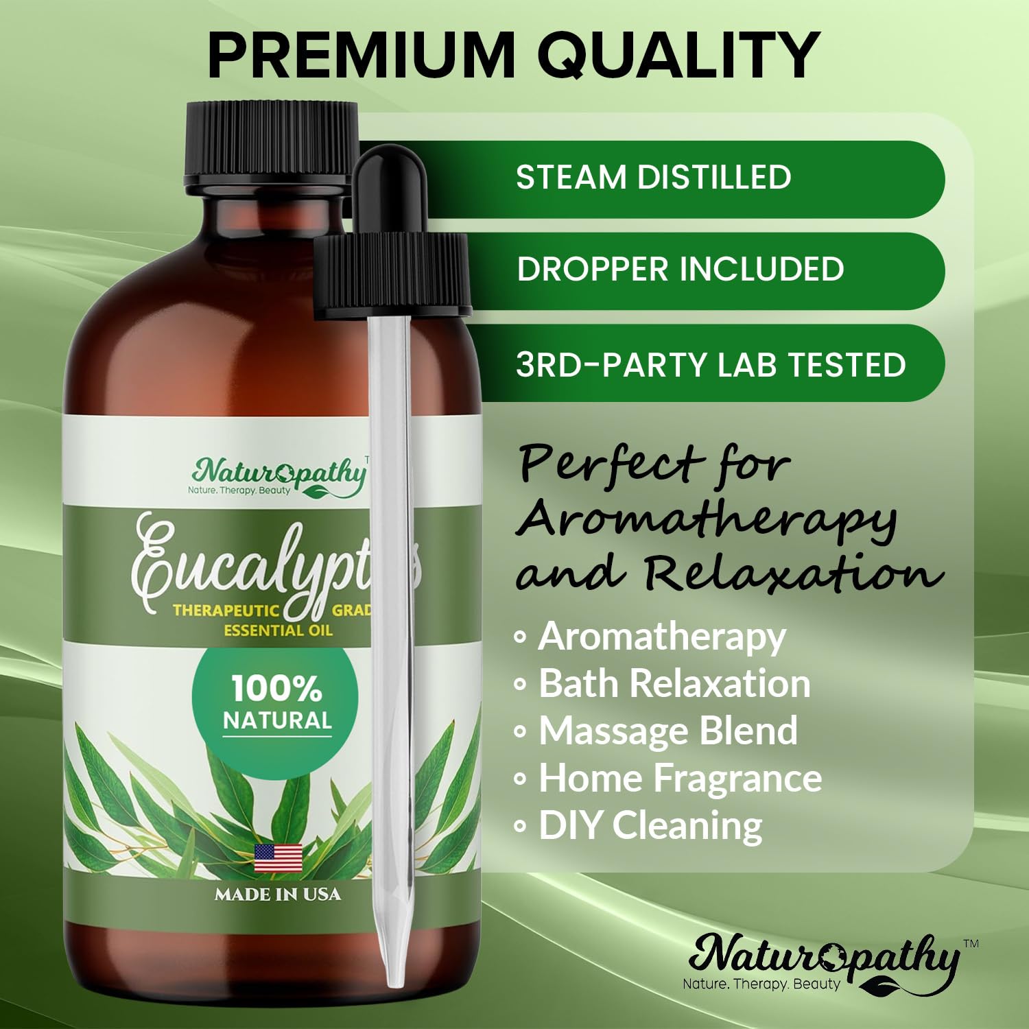 NATUROPATHY Eucalyptus essential oil glass bottle with UV coating protects potency.
