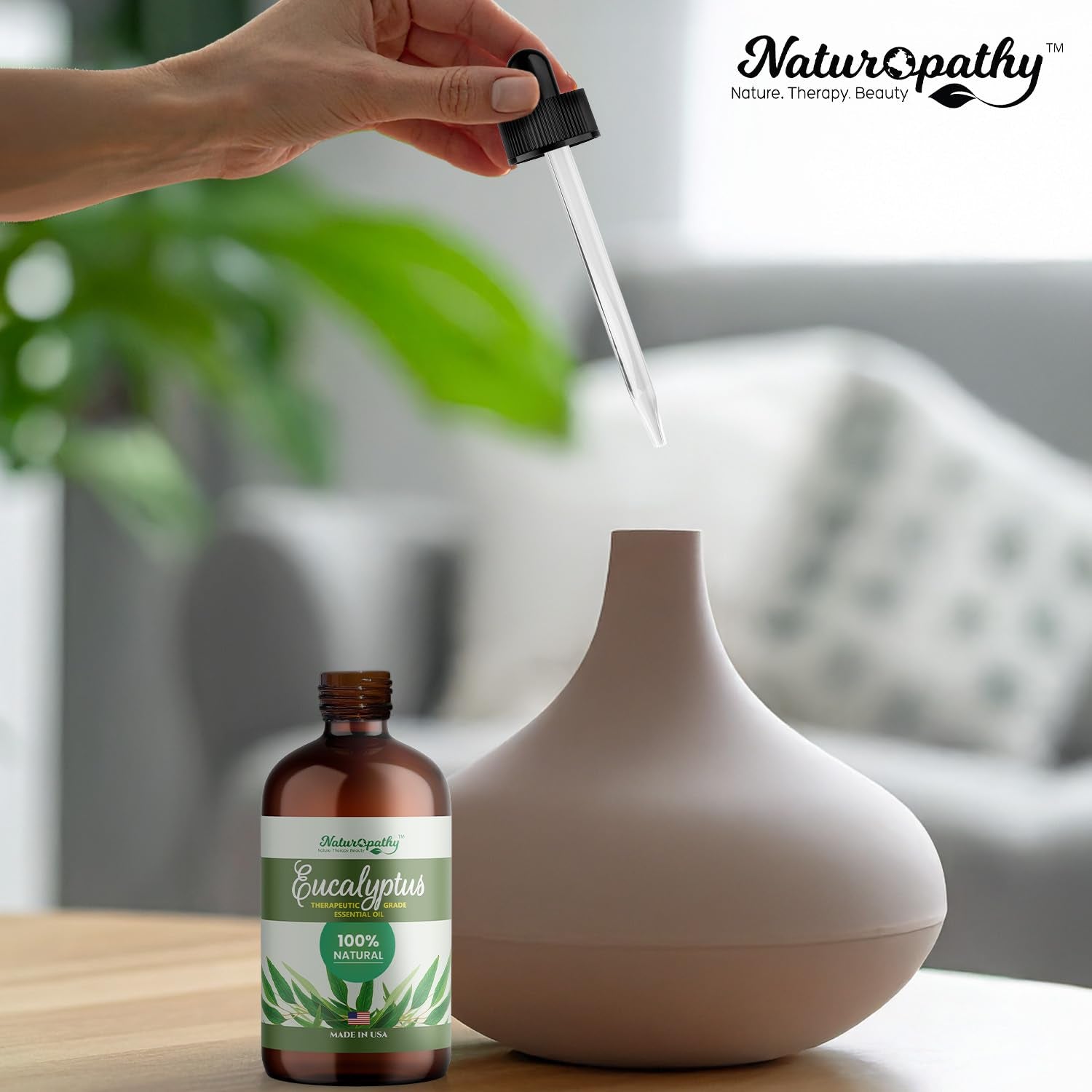 NATUROPATHY Eucalyptus oil in a serene relaxation scene for focus and calm.