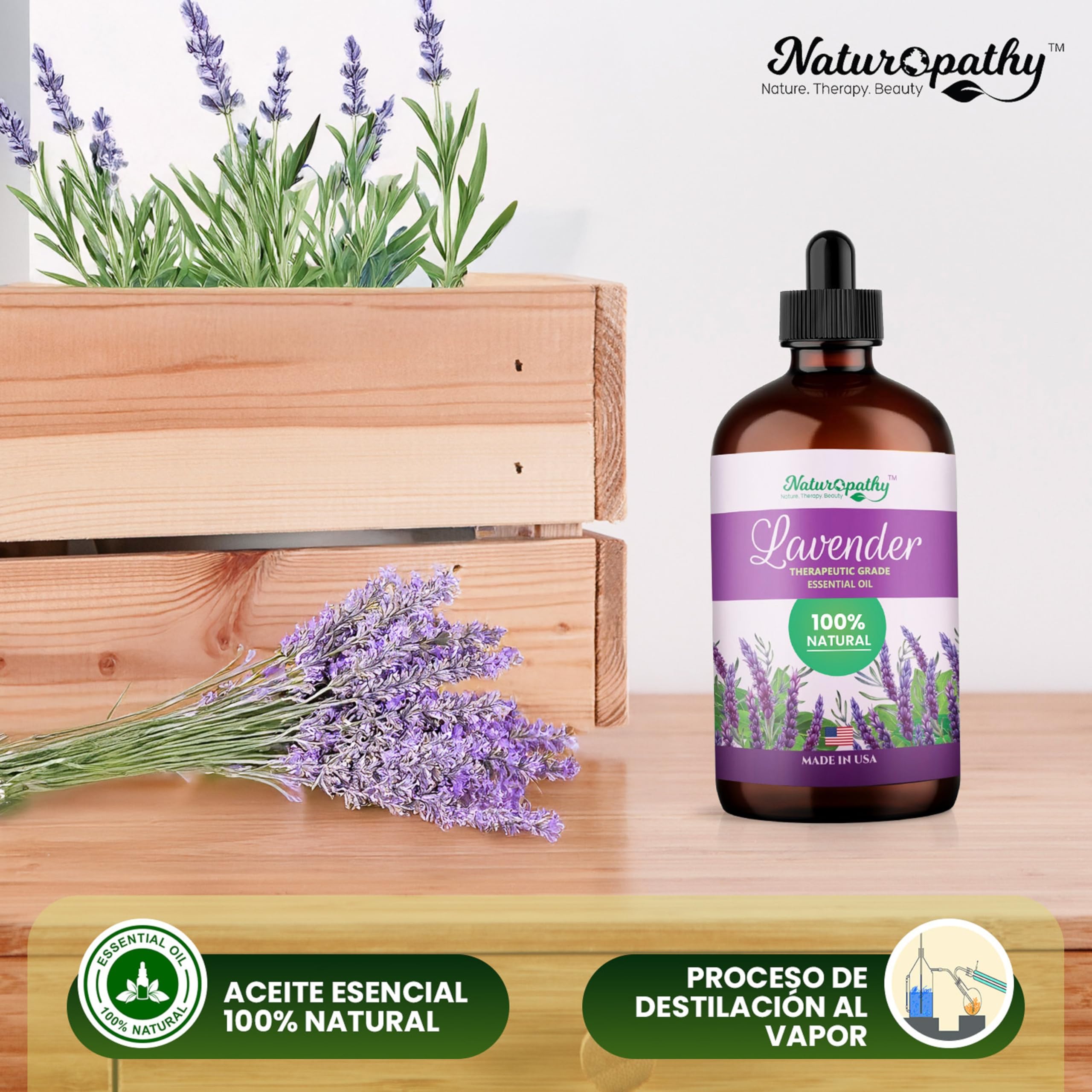 Naturopathy lavender oil blends with lemongrass for aromatherapy use.