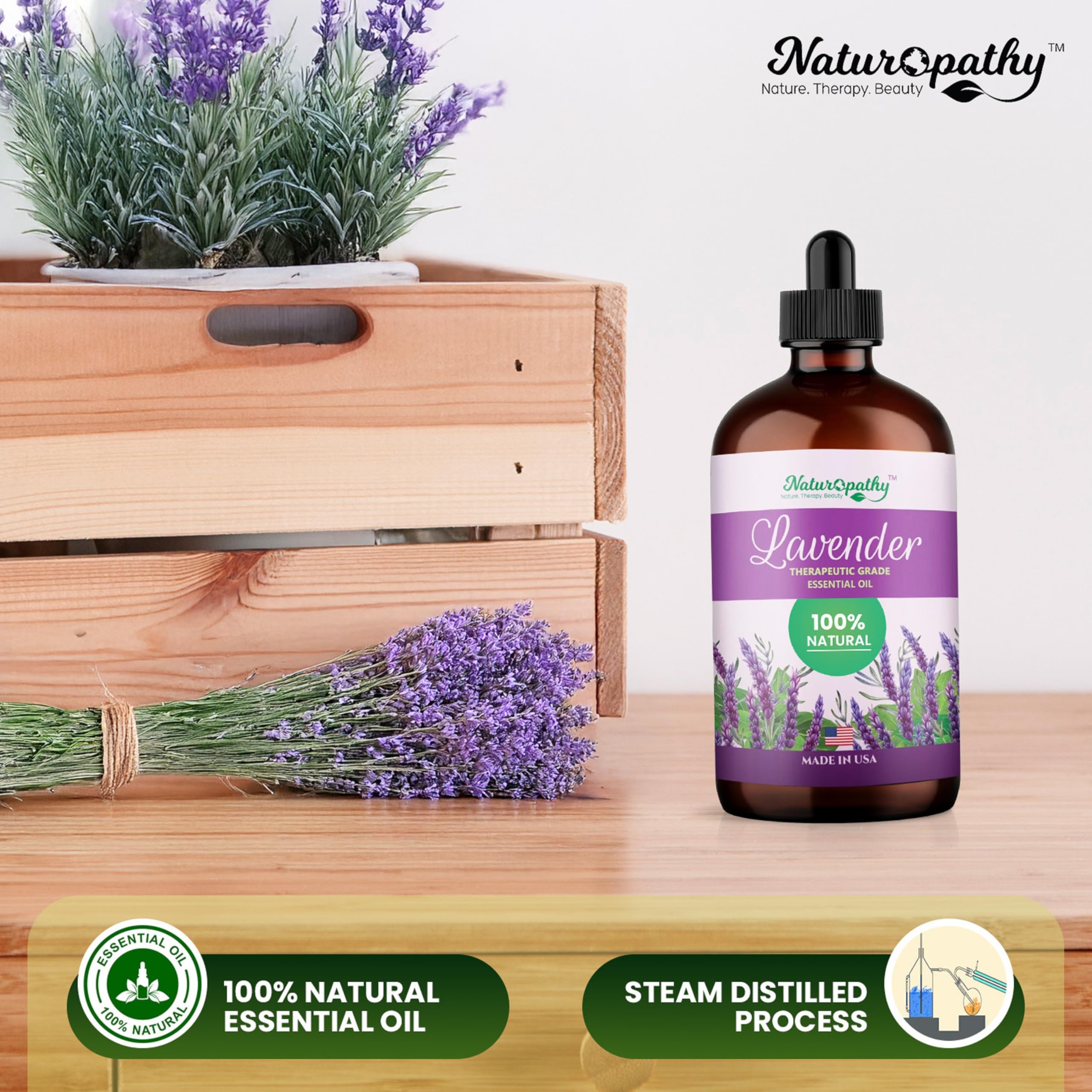 Naturopathy lavender oil lab testing seal visible for quality assurance.