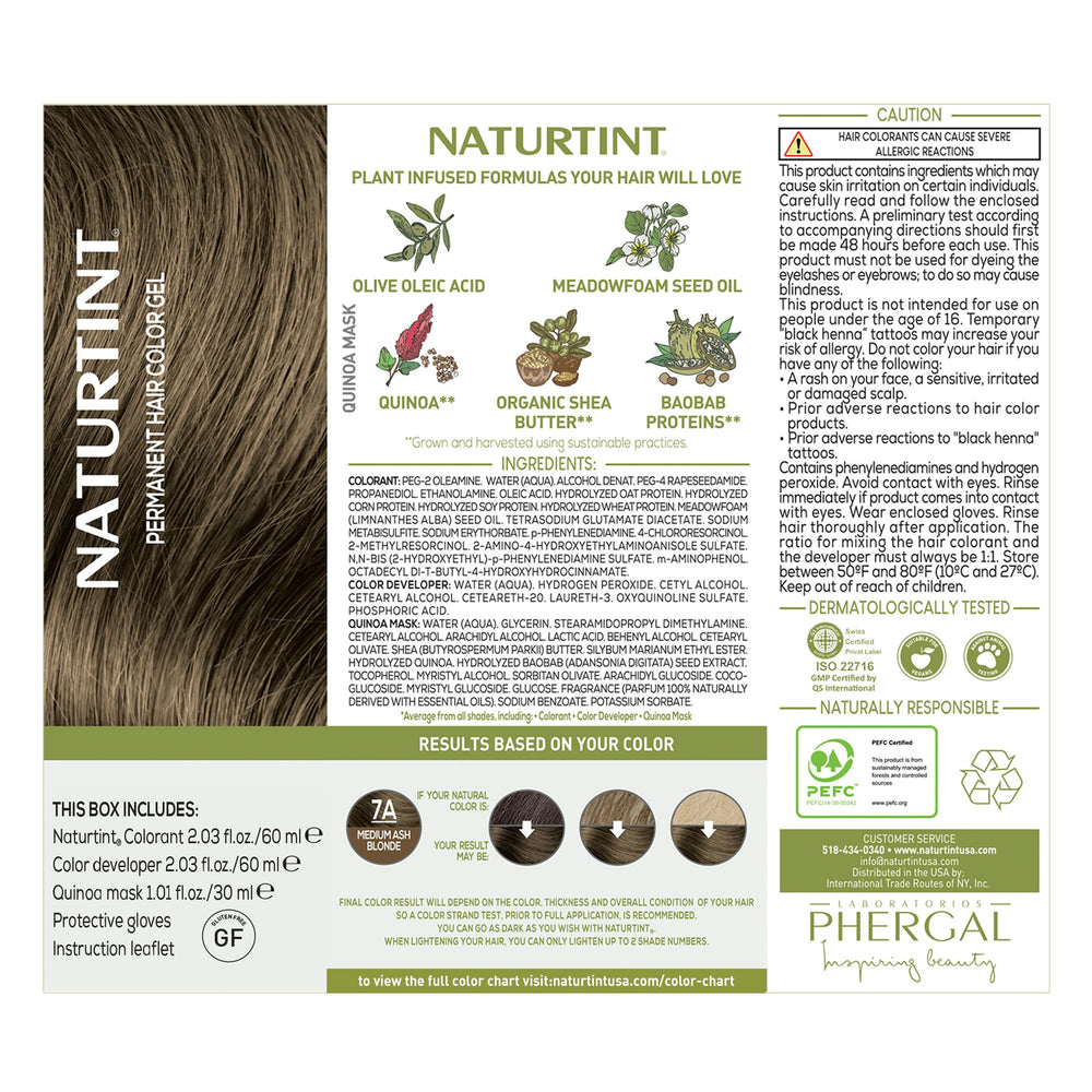 Naturtint 7A ingredients list highlights plant-based, ammonia-free formula for healthier hair.