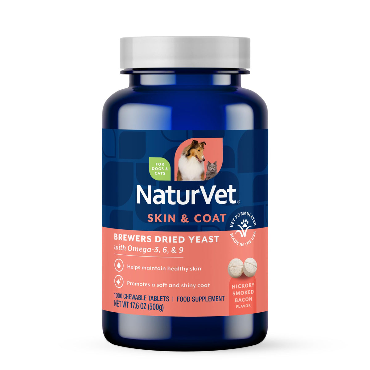 NaturVet Brewer's Dried Yeast Garlic bottle with chewables, omega-rich support for dogs and cats.
