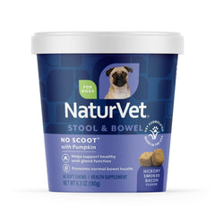 NaturVet No Scoot pumpkin-enhanced formula soft chews for bowel support.