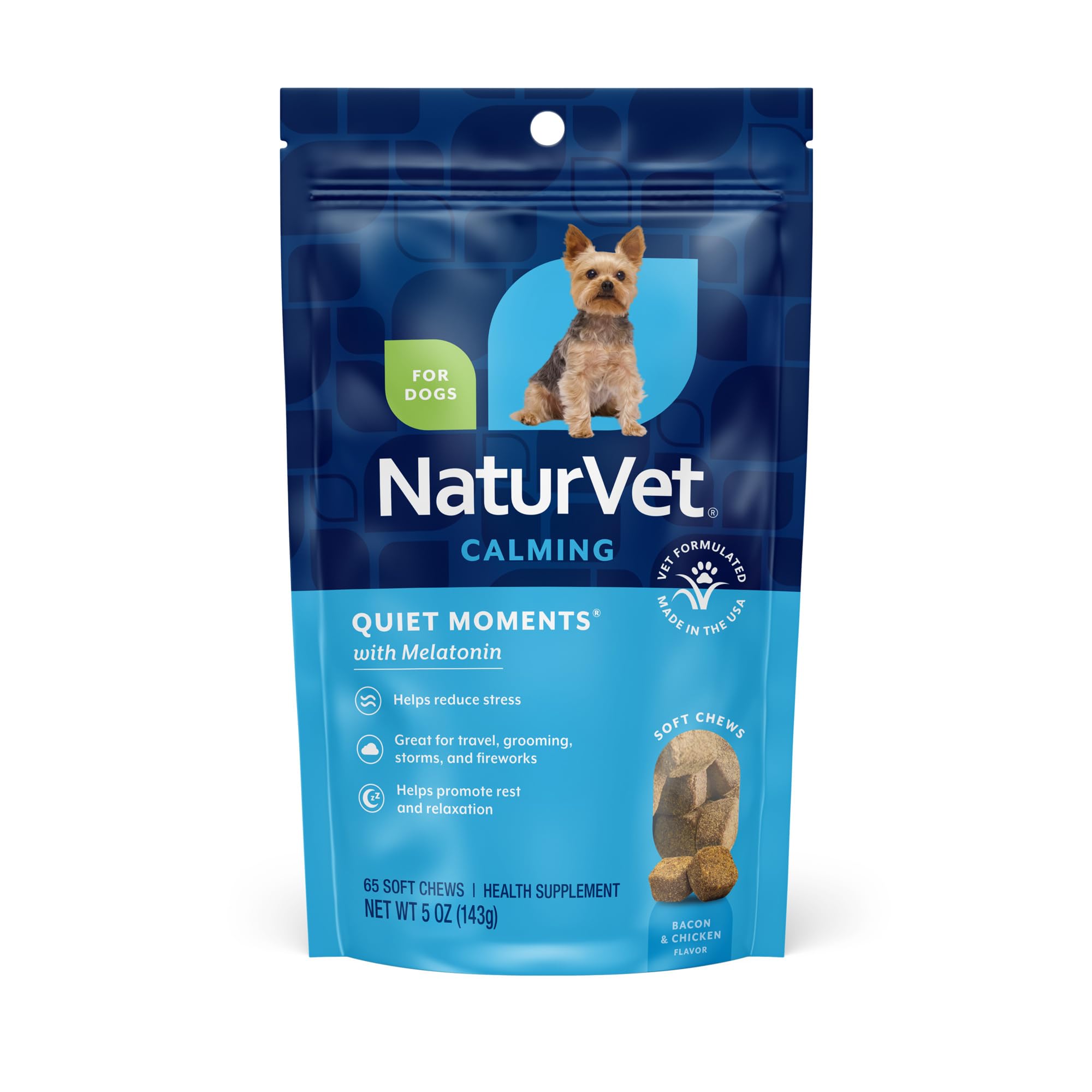 NaturVet Quiet Moments bottle front showing calming dog supplement packaging
