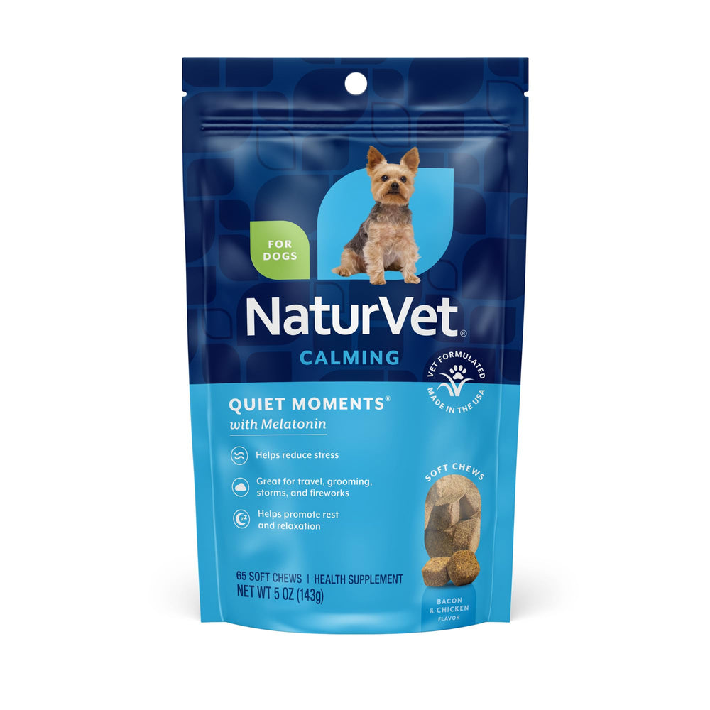 NaturVet Quiet Moments bottle front showing calming dog supplement packaging