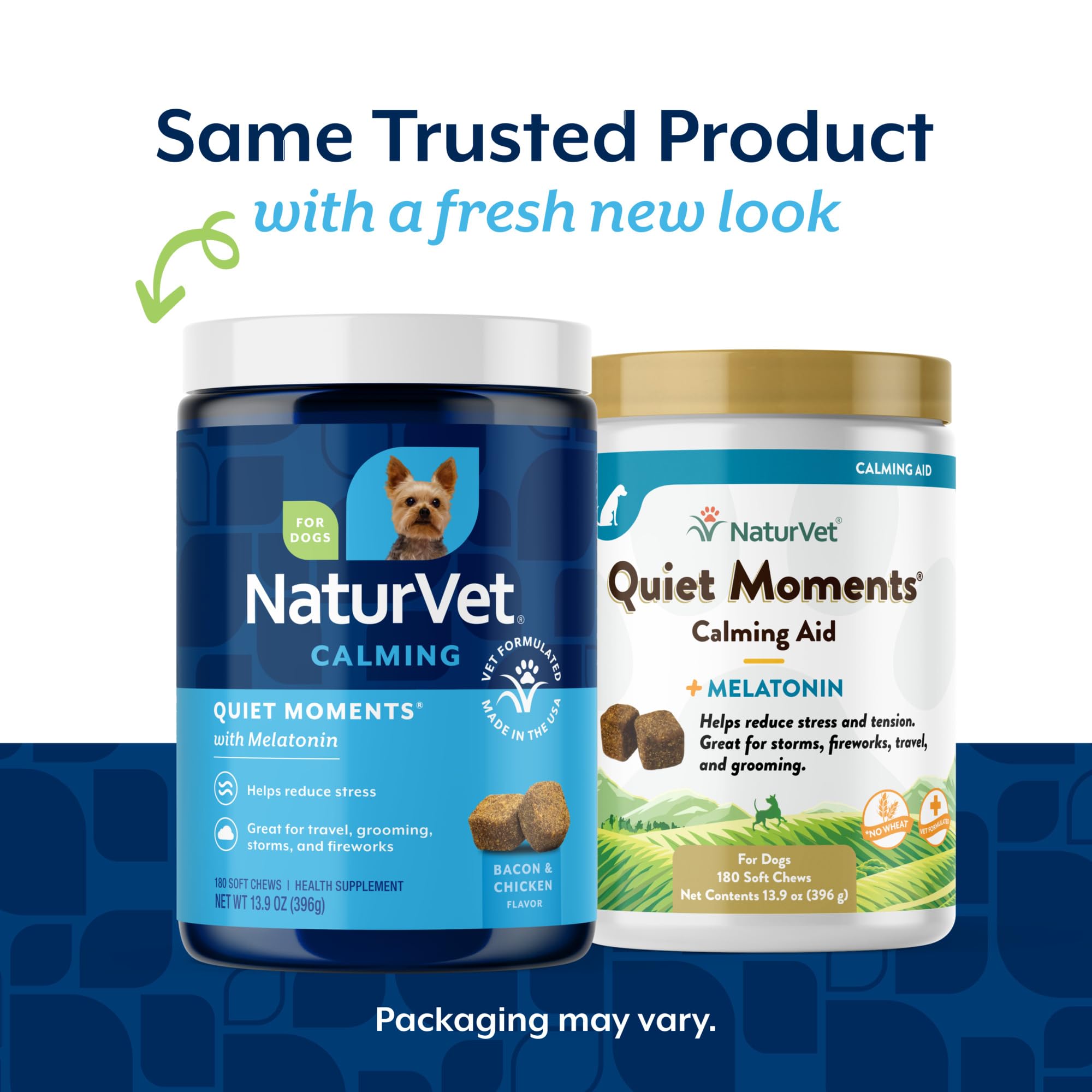 NaturVet Quiet Moments bottle label closeup highlights melatonin and calming botanicals for dogs.