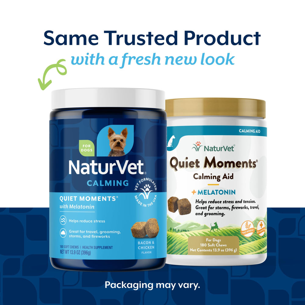 NaturVet Quiet Moments bottle label closeup highlights melatonin and calming botanicals for dogs.