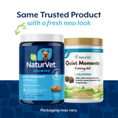 NaturVet Quiet Moments bottle label closeup highlights melatonin and calming botanicals for dogs.