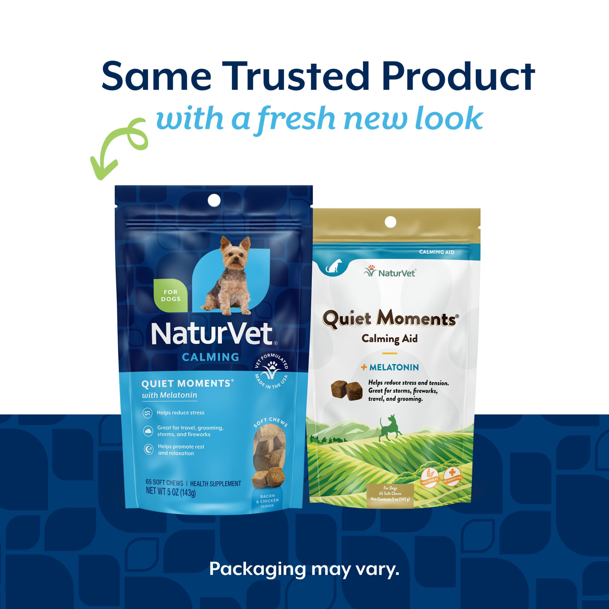NaturVet Quiet Moments packaging close-up highlighting easy-to-serve soft chews