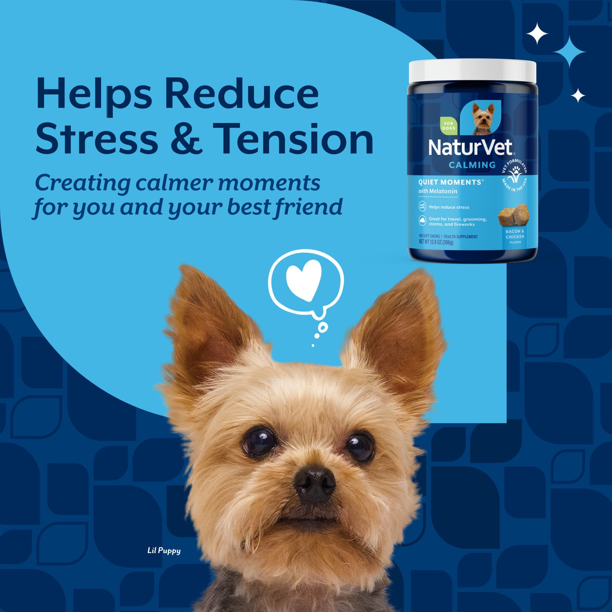 NaturVet Quiet Moments soft chews bacon chicken flavor shown for travel or storms.