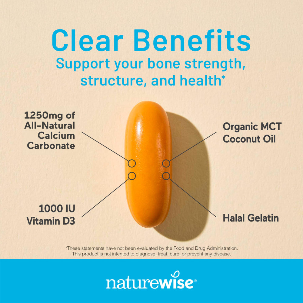 NatureWise label highlights 1250 mg calcium and 1000 IU D3 per serving