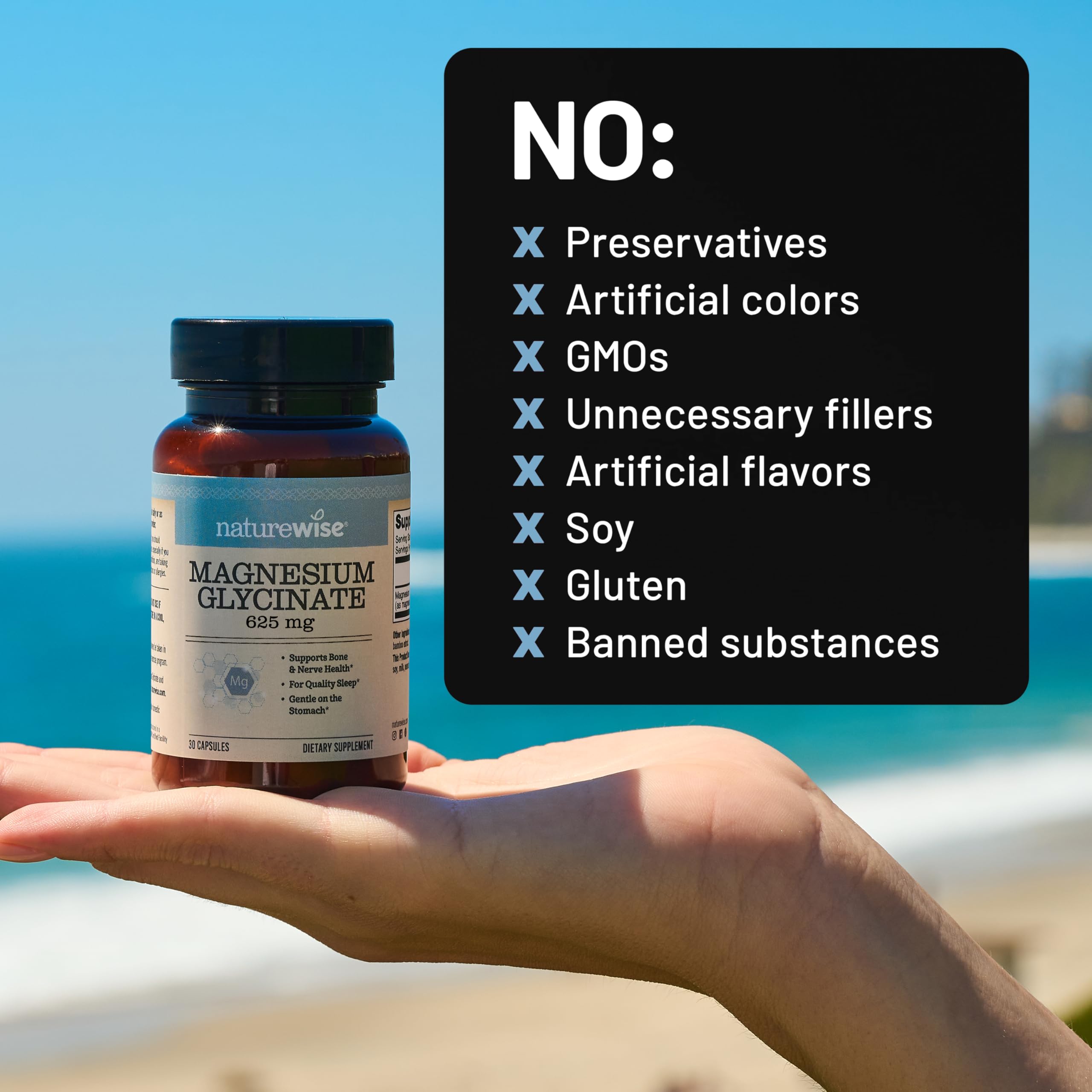 Calm mood suggestion via NatureWise Magnesium Glycinate imagery.