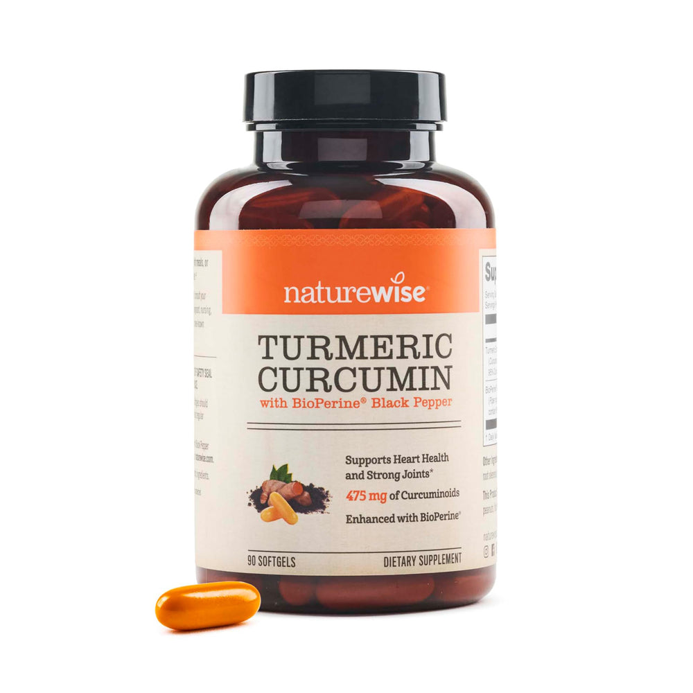 NatureWise Turmeric Curcumin softgels bottle front, highlighting extra strength formula
