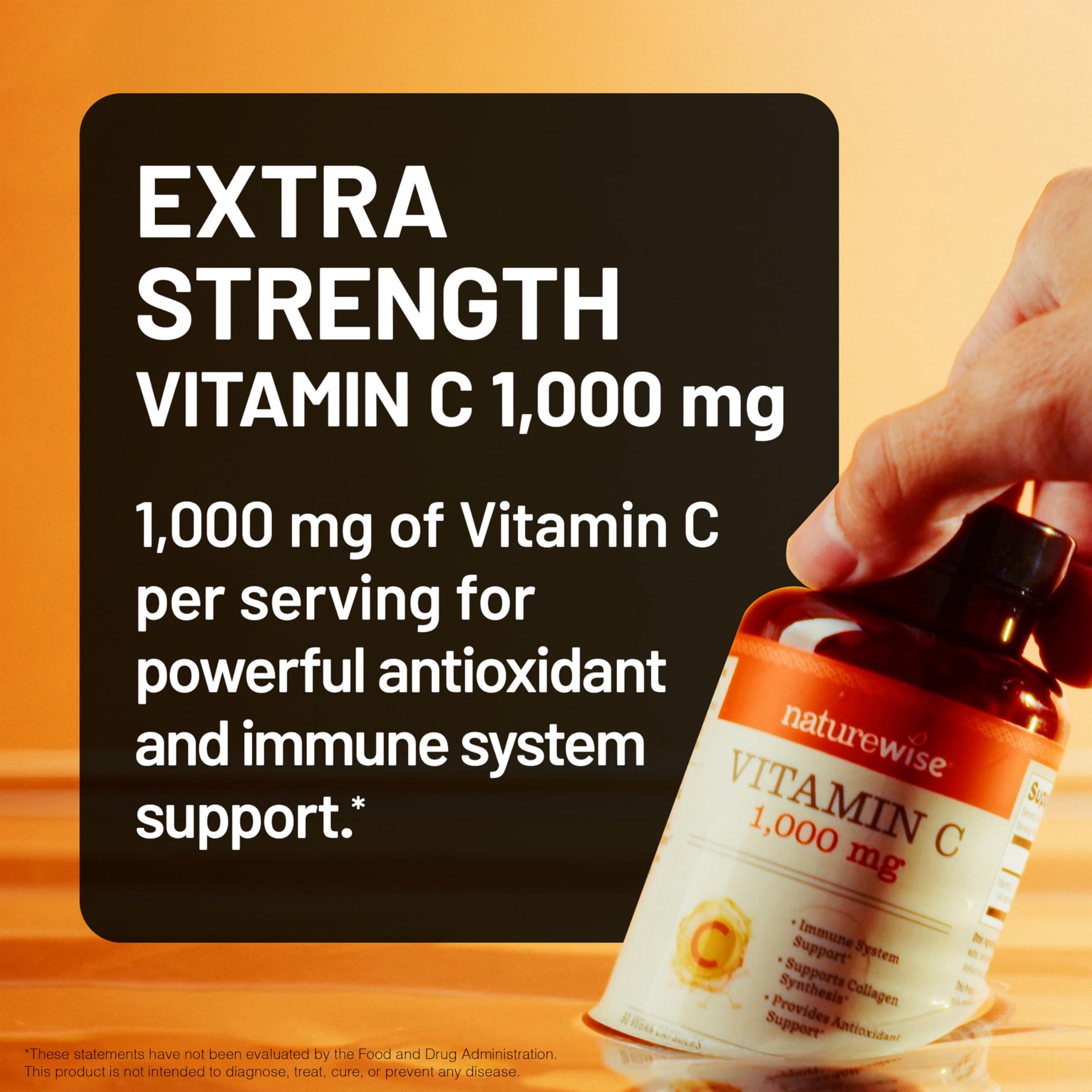 NatureWise Vitamin C 1000mg capsules being poured for easy daily dosing.