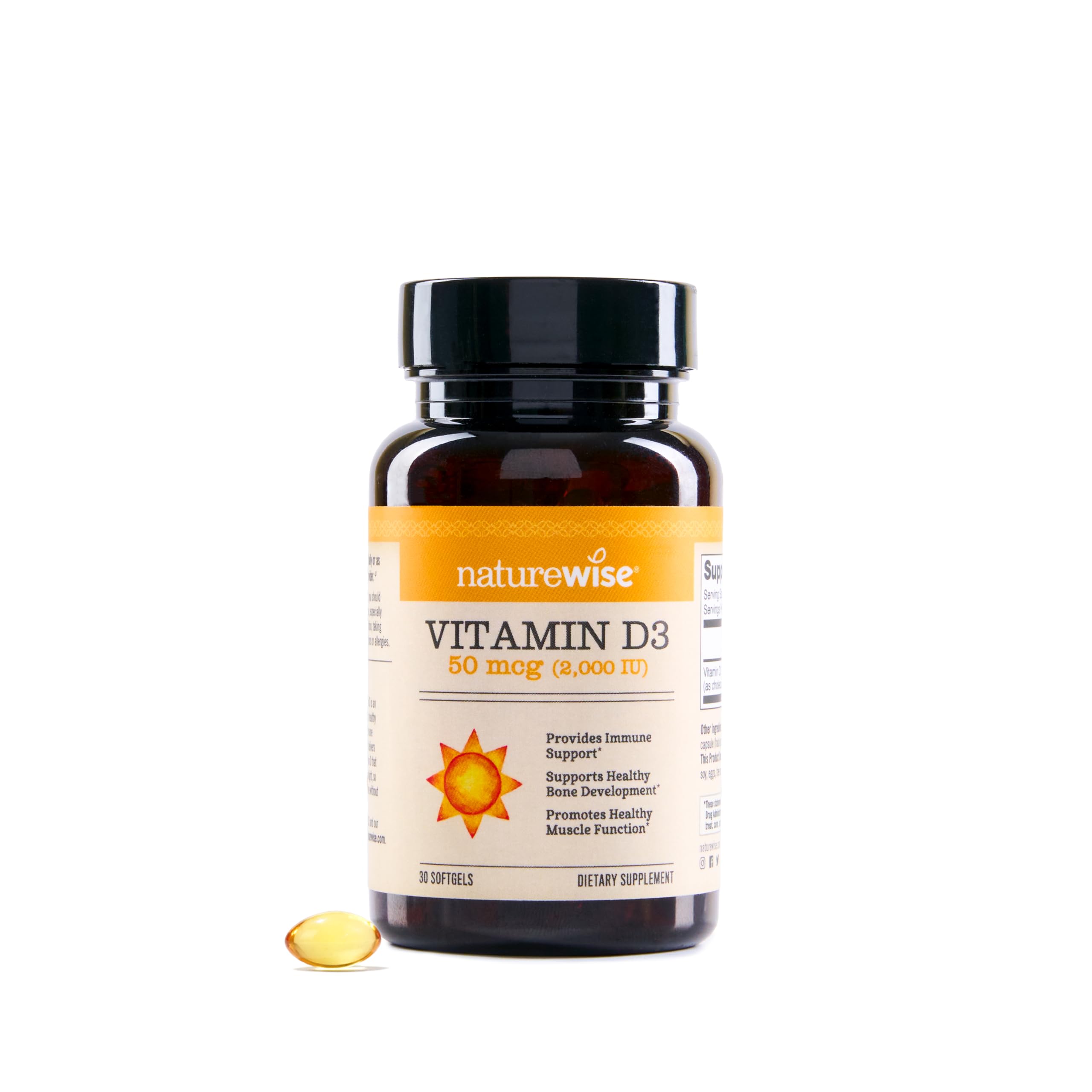 NatureWise Vitamin D3 softgel capsules in olive oil for absorption