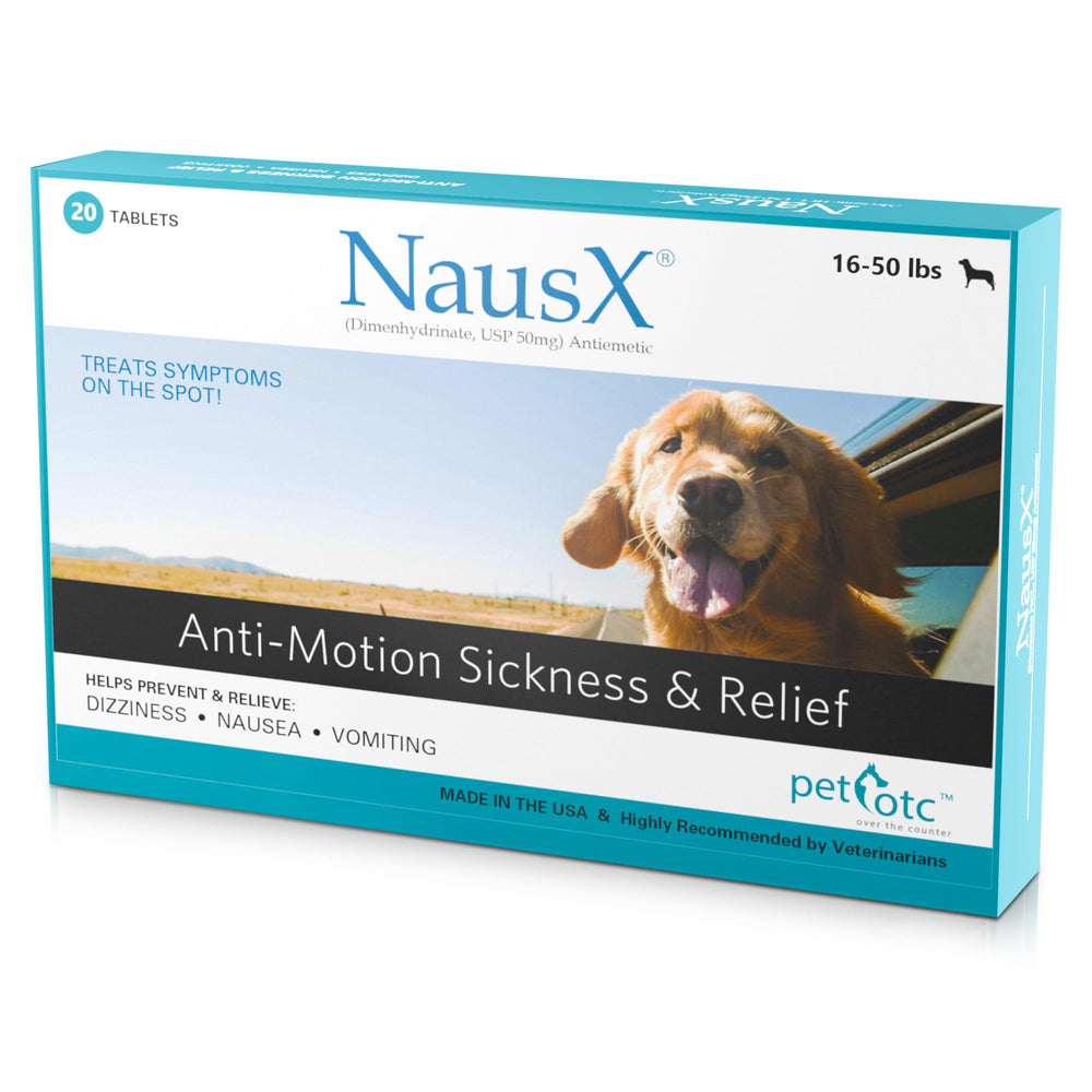 NausX Anti-Motion bottle front showing travel-ready relief for dogs